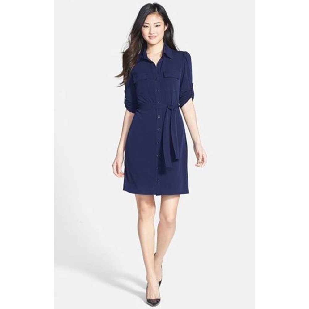 LAUNDRY BY SHELLI SEGAL • Navy Roll Tab Sleeve Jersey Shirt Dress Sz 2